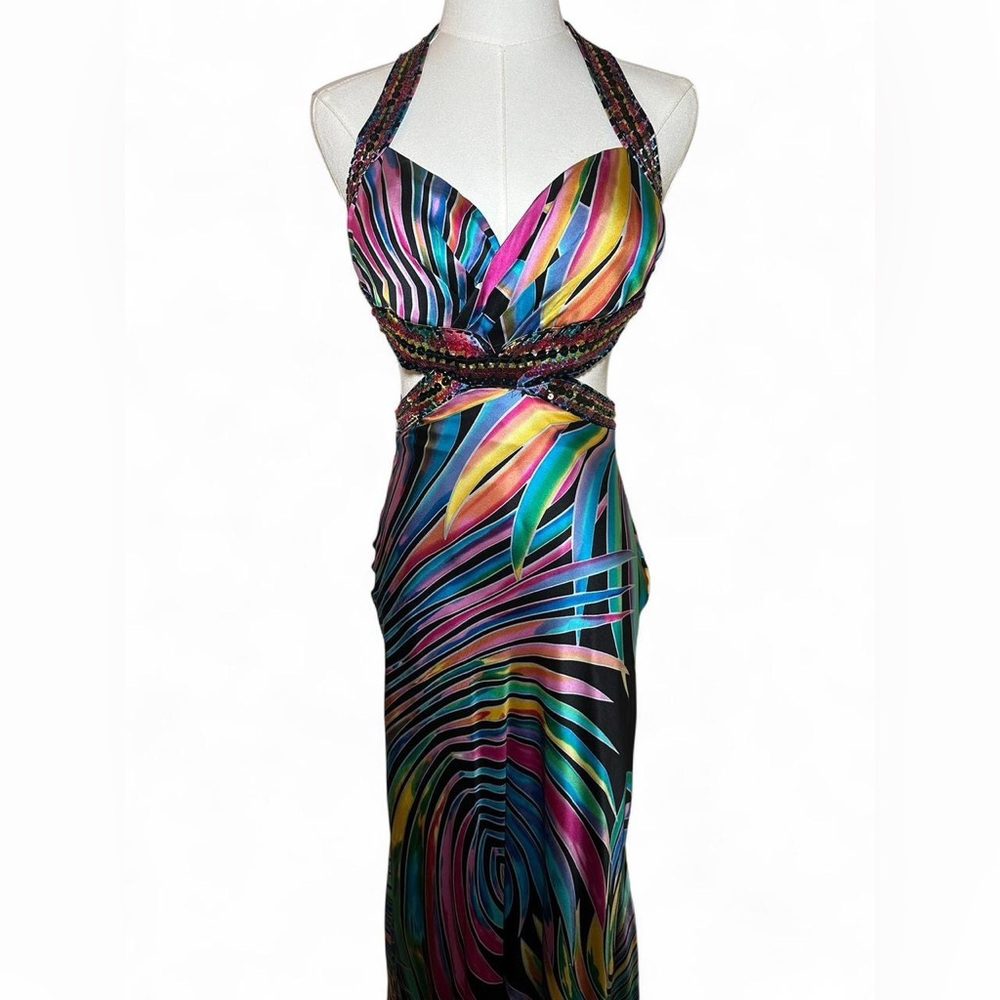 Vintage Multicolor Halter Maxi Dress Party Prom Salsa Tropical